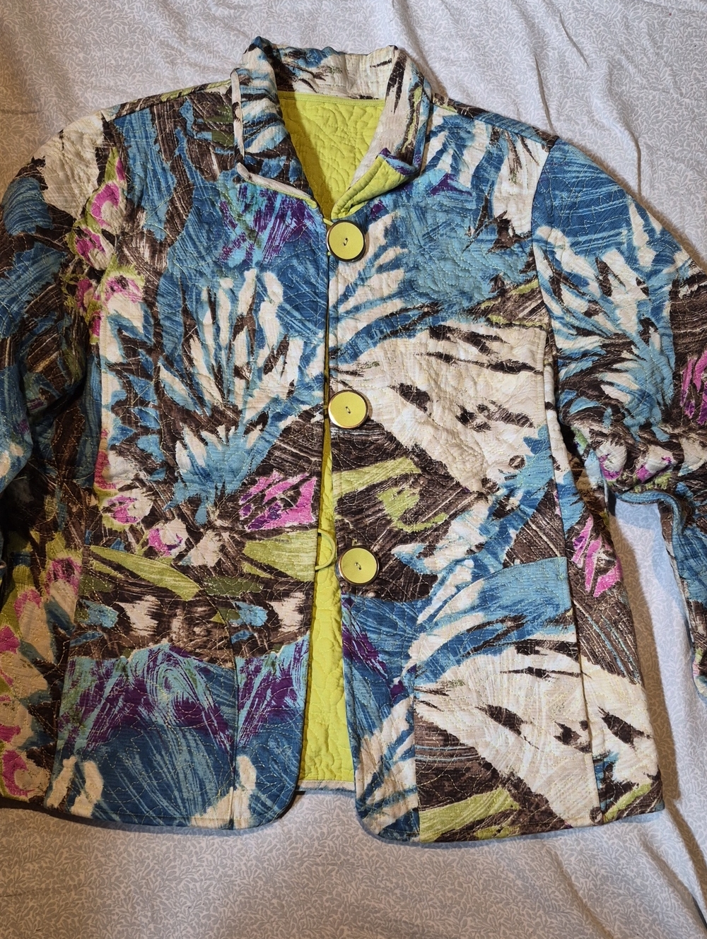 Quilted Floral Print Women's Jacket in Blue & Lime